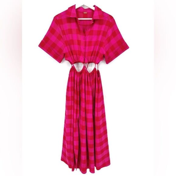 CULT GAIA Keegan Cutout Checked Twill Midi Shirt Dress In Ghermez Rose S - Picture 5 of 11